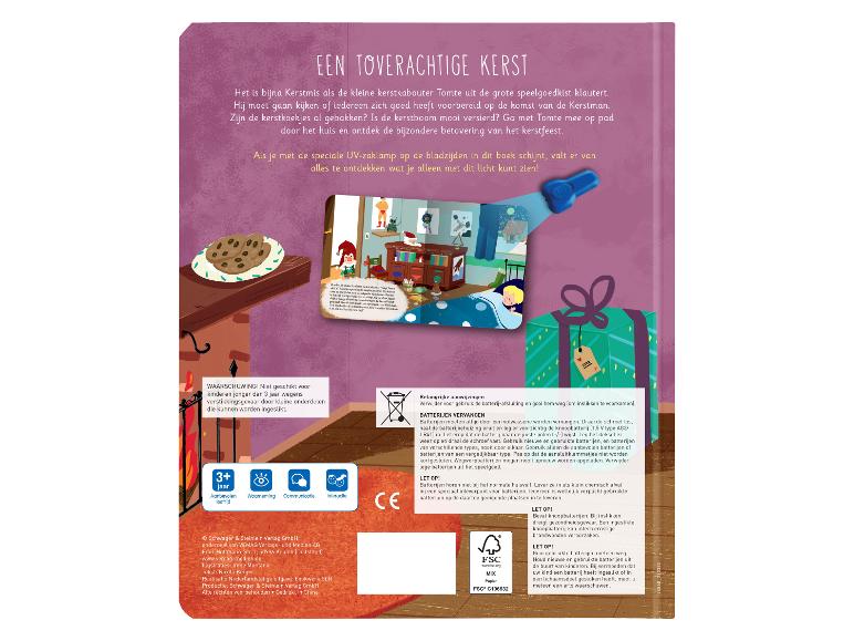 Achterzijde van het kinderboek 'Een Toverachtige Kerst' met een UV-zaklamp.