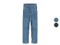 Blauwe straight-leg jeans met gestikte details, met licht- en donkerblauwe kleurstalen.