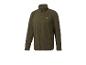 Olijfgroen fleecejack met rits en neongeel logo op de borst.