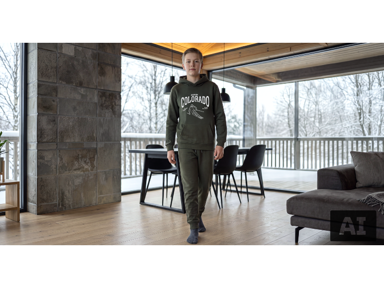 Jongen in een olijfgroen trainingspak met hoodie en broek in een gezellige kamer.