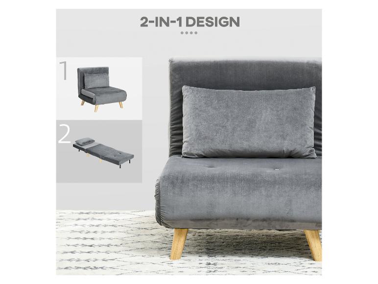 Grijze 2-in-1 slaapbank met kussen, op houten poten, op een vloerkleed.