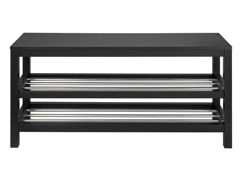Een zwart houten schoenenrek met twee metalen planken.
