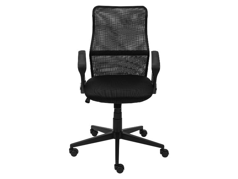 Zwarte bureaustoel met mesh rugleuning en armleuningen.