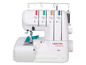 Een witte Veritas Elasticall overlock-naaimachine met diverse stikpatronen.