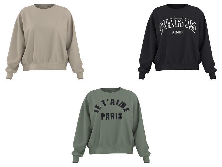 Sweatshirts met lange mouwen in beige, zwart met 'PARIS AIMÉE' en groen met 'JE T'AIME PARIS'.