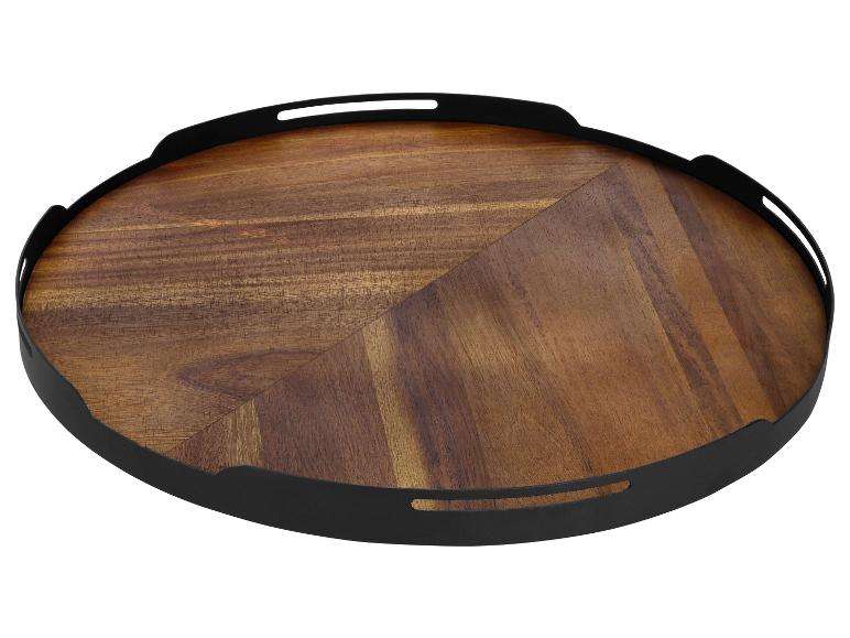 Rond houten dienblad met zwarte metalen rand en handvatten