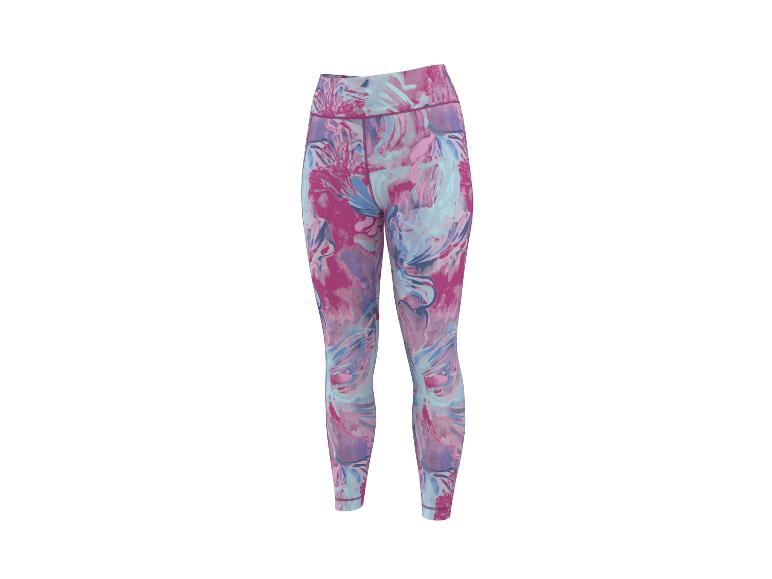 Dames sportlegging met abstracte bloemenprint in roze, blauwe en paarse tinten.