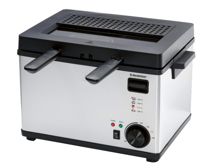 Roestvrijstalen friteuse met zwart deksel en temperatuurregeling.