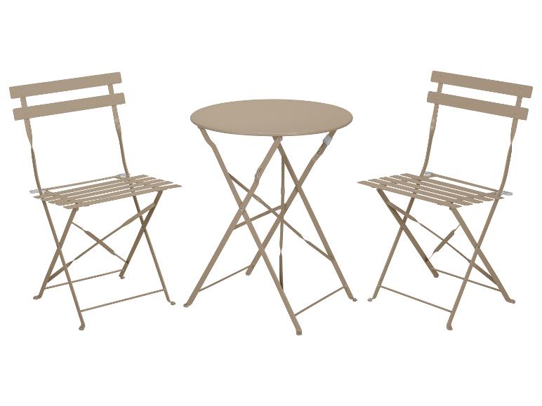 Bistroset met twee beige klapstoelen en een ronde klaptafel.
