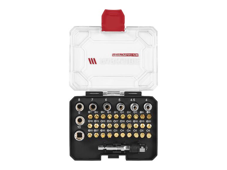 Een set met schroevendraaierbits en een bithouder van het merk Workside.