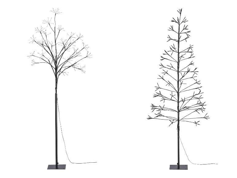 Twee decoratieve LED-bomen, één met een spaarzaam, vertakt ontwerp en de andere kegelvormig.