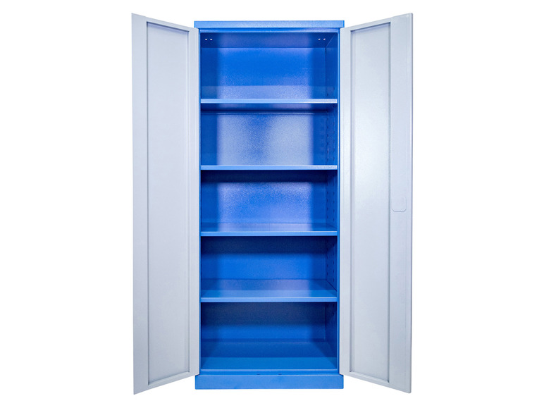 Een blauwe metalen kast met open deuren en legplanken.