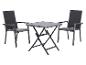 Bistroset voor buiten met twee donkergrijze stoelen en een bijpassende vierkante klaptafel.