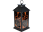 Zwarte Halloween lantaarn met oranje gloed, pompoenuitsparingen en 'Happy Halloween' tekst