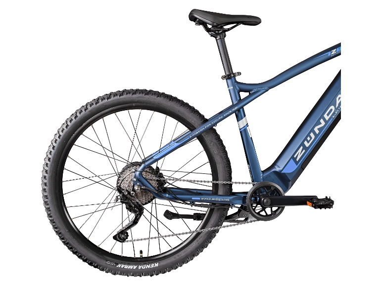 Zündapp elektrische fiets, donkerblauw, achterkant.