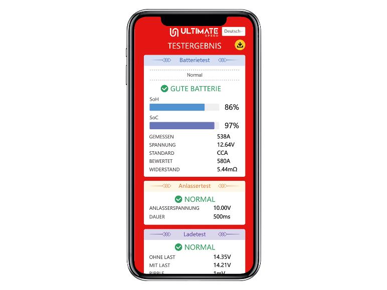 Weergave van batterij- en laadtestresultaten op een smartphone.