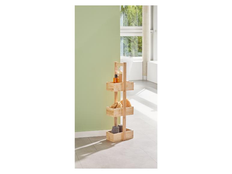 3-laags bamboe badkamer organizer: flesjes, sponzen, handdoeken.