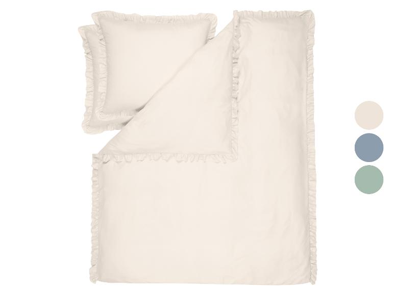 Crèmekleurig dekbedovertrekset met ruches, met kleuropties: crème, blauw, groen.