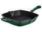 Groene gietijzeren grillpan met lange steel en hulpsteel