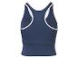Donkerblauwe sporttop met witte biezen, achteraanzicht.