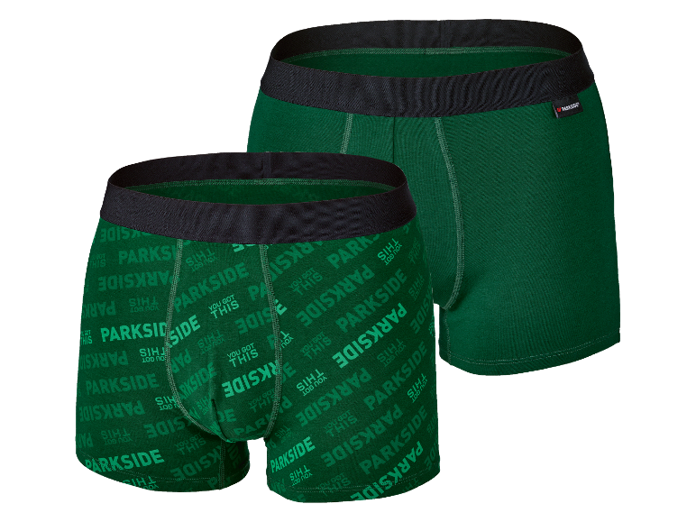 Twee donkergroene Parkside boxershorts met een herhaald patroon.