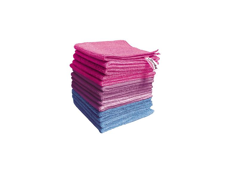 Stapel Vileda microvezeldoeken in roze en blauwe tinten.