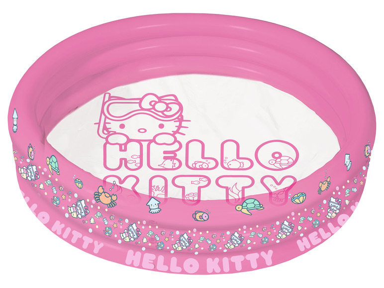 Een roze opblaasbaar zwembad met Hello Kitty en zeedieren.