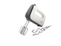 Een witte Philips handmixer met roestvrijstalen garde en deeghaak.