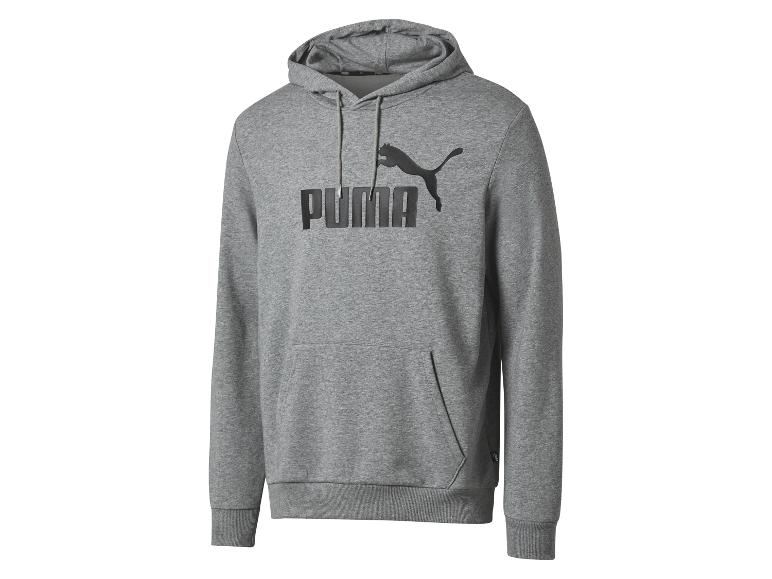 Grijze Puma hoodie met zwart Puma logo.