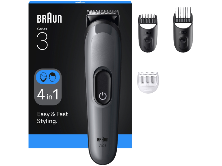 4-in-1 trimmer met drie kamopzetstukken voor eenvoudig en snel stylen.