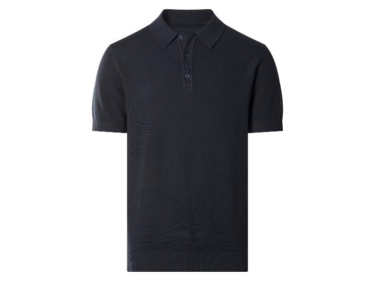 Donkerblauw gebreid poloshirt met korte mouwen voor heren.
