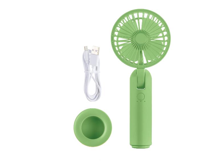Groene handventilator, USB-kabel en voet.