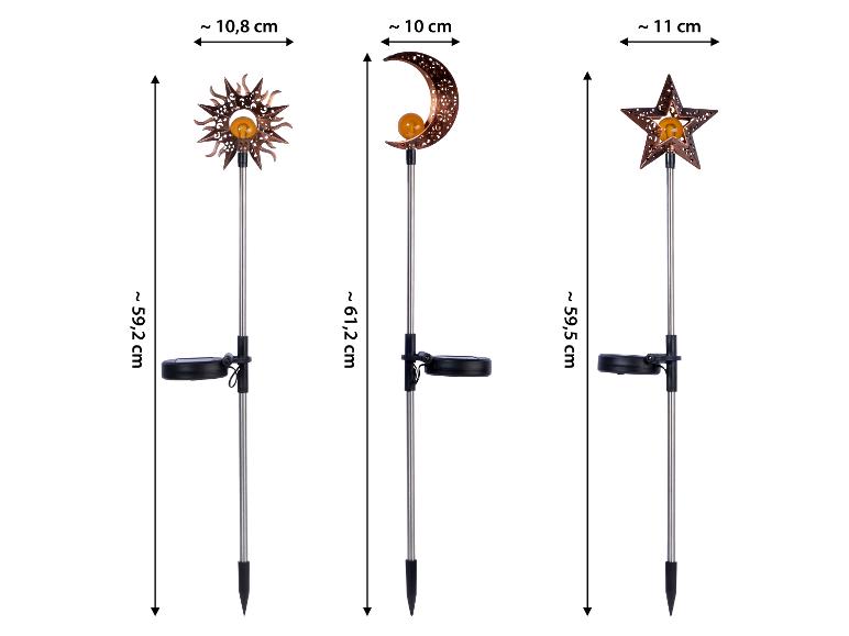 Solar tuinlampen in zon-, maan- en stervorm, met afmetingen.