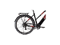 Achteraanzicht van een zwarte elektrische fiets met rode accenten, bagagedrager en standaard.