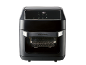 Zwarte airfryer met digitaal display dat 185°C toont en een transparant venster.