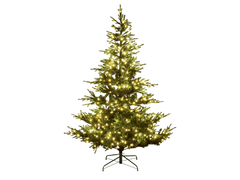 Kunstkerstboom met warmwitte LED-verlichting op een zwarte achtergrond.