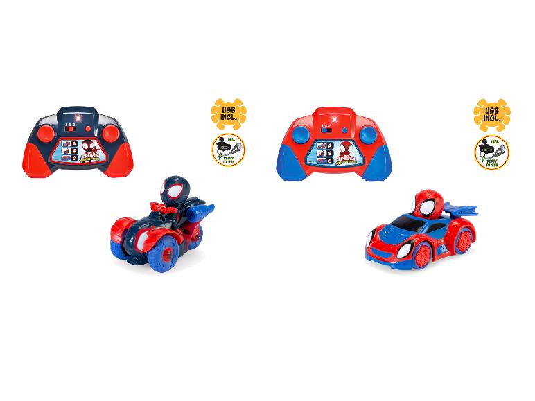 Twee Marvel Spidey en zijn Geweldige Vrienden op afstand bestuurbare voertuigen met controllers.