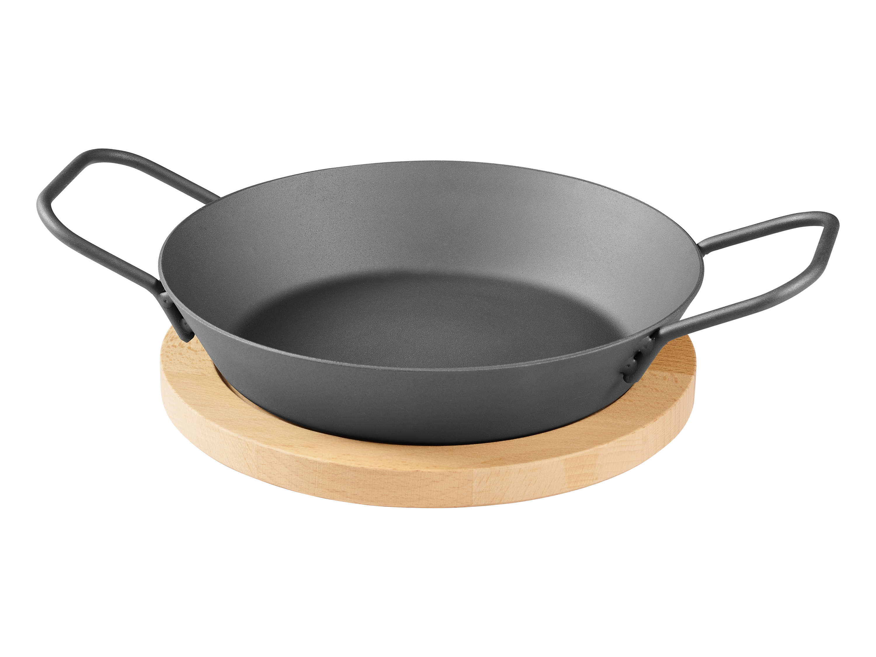 GRILLMEISTER Ø 32 IJzeren grillpan / Ø 28,5 IJzeren grillpan met geperforeerde bodem / Ø 20 IJzeren grillpan met serveerplank (IJzeren pan 20cm)