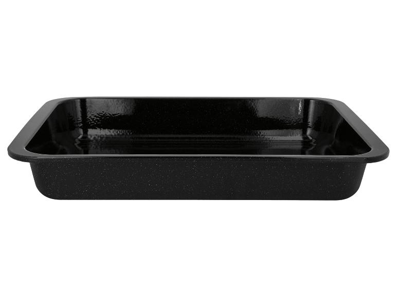 Zwarte rechthoekige ovenschaal met een geëmailleerd oppervlak.