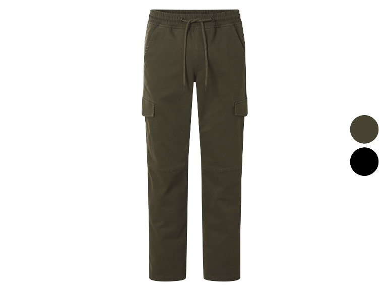 Olijfgroene cargobroek voor heren met trekkoord in de taille, gepresenteerd met kleuropties.