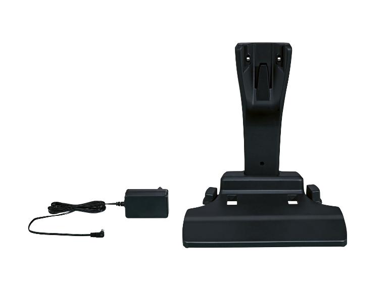 Zwart oplaadstation voor steelstofzuiger met voedingsadapter.