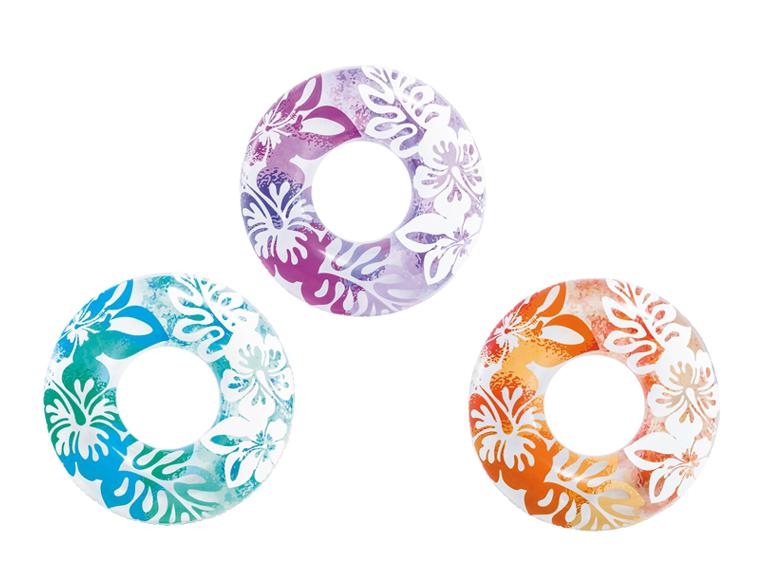 Drie transparante zwembanden met tropische bloemenprint.