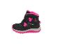Zwarte en roze waterdichte kinderwinterlaars met klittenbandsluitingen en sneeuwvlokmotief.