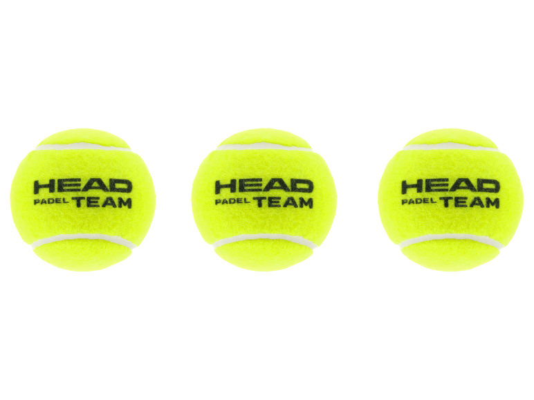 Drie gele padelballen met de tekst 'HEAD PADEL TEAM' op een zwarte achtergrond.