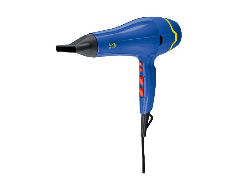 Blauwe föhn met rode knoppen en gele accenten, met een blaasmond.