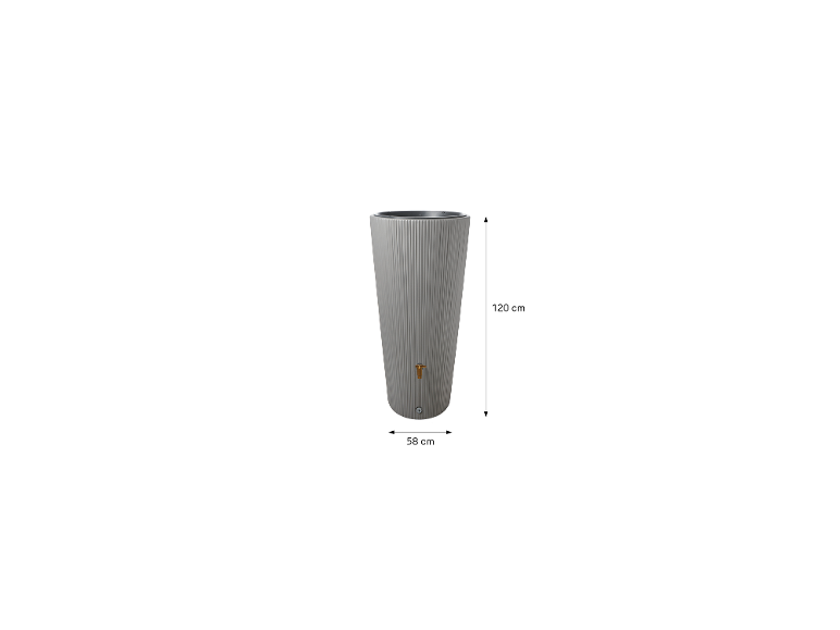 Grijze regenton met kraan, 120 cm hoog en 58 cm breed.