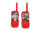 Twee rode Lexibook Paw Patrol walkietalkies met karakterafbeeldingen.