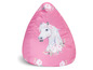 Een roze beanbag met een paard en bloemenprint.