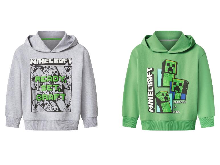 Twee Minecraft kinderhoodies: een grijze met de tekst 'READY SET CRAFT' en een groene met Creepers.