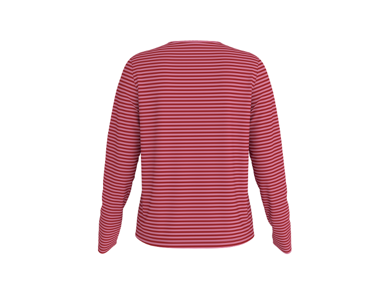 Rood en roze gestreept shirt met lange mouwen, achteraanzicht.